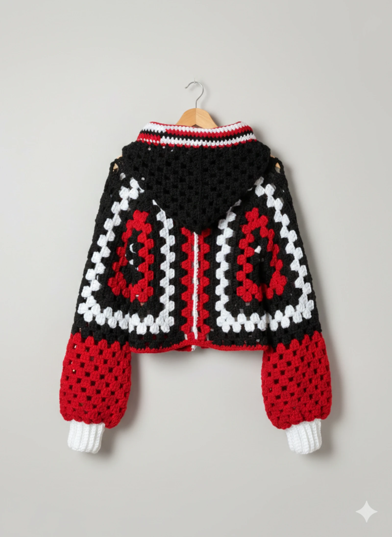 Cárdigan Cropped de Crochet Artesanal con Capucha – Estilo Granny Square (Rojo, Negro y Blanco) – photo 6